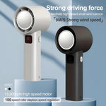 Black and white handheld turbo fans with 13000RPM motor and 100-speed regulation, showcasing strong wind performance.