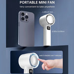 Portable mini fan in white compared to a smartphone, featuring a compact design and child-safe protective cover.