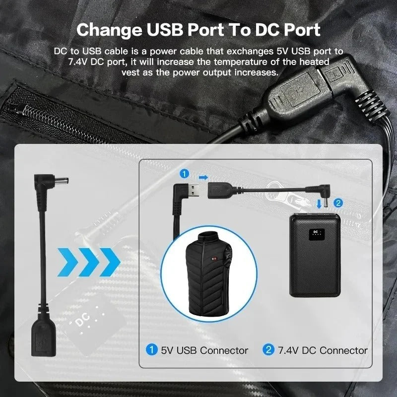 USB to DC port conversion cable for heated clothing, compatible with 7.4V DC power bank and jackets.