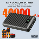 Large capacity 40000mAh power bank for heating apparel and smart devices, featuring 7.4V DC output.