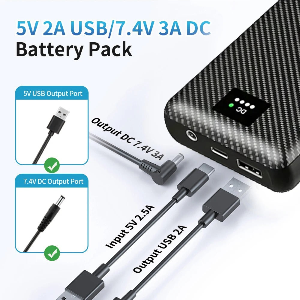 5V 2A USB and 7.4V 3A DC output ports on a 40000mAh power bank, ideal for heated clothing and mobile devices.