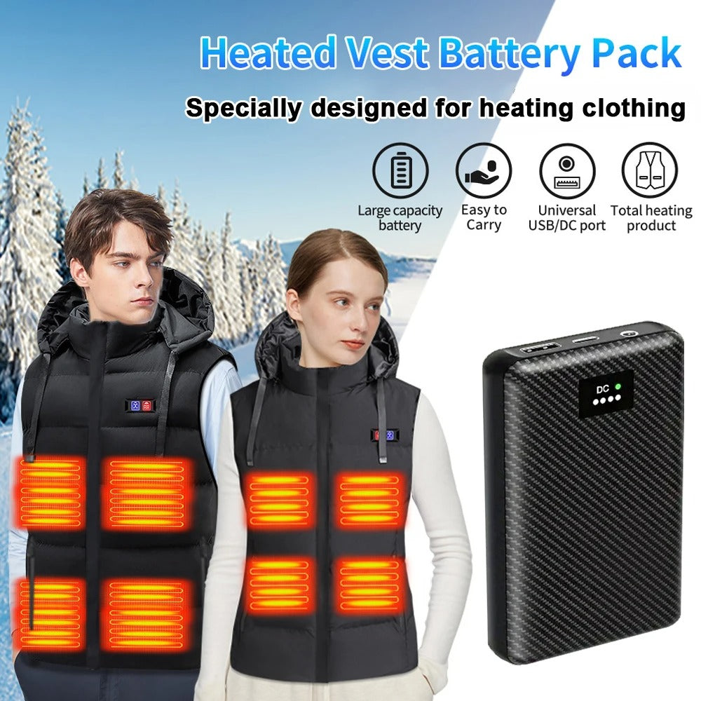 Heated vest battery pack designed for heating clothing, featuring large capacity, USB/DC ports, and portability.