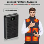 Power bank for heated apparel, showcasing compatibility with 7.4V DC and USB-powered heated vests and jackets.