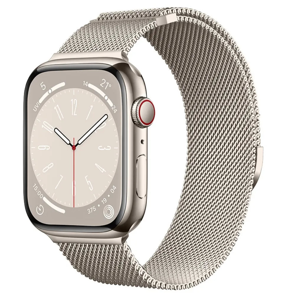 Gold Milanese steel loop strap for Apple Watch, offering a luxurious and timeless design for a sophisticated look.