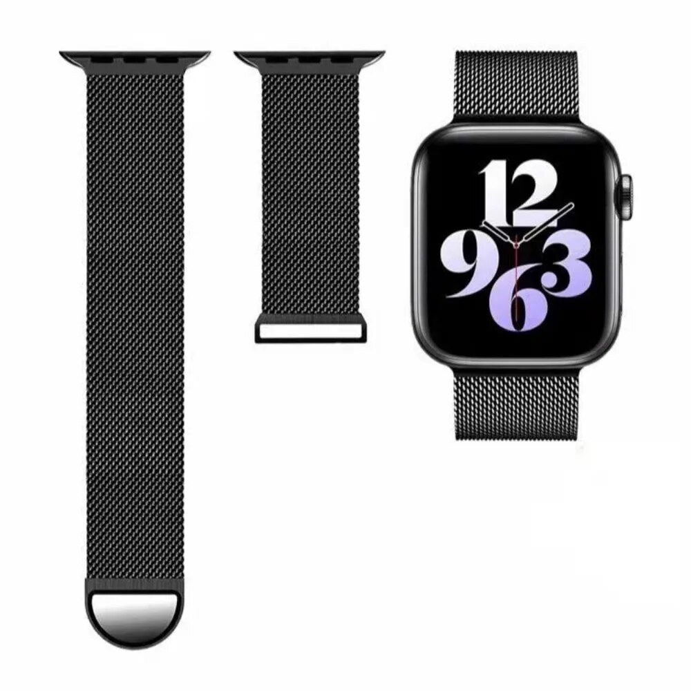 Black Milanese steel loop strap for Apple Watch, shown in two separate pieces, designed for easy installation and secure fit.