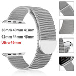 Silver Milanese steel loop strap for Apple Watch, compatible with sizes 38mm to 49mm, featuring a magnetic clasp for secure wear.