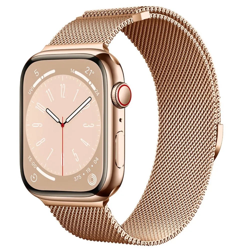 Gold Milanese loop strap for Apple Watch, showcasing a premium stainless steel design with a magnetic clasp for secure wear.