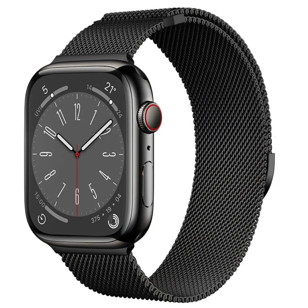 Black Milanese steel loop strap for Apple Watch, emphasizing its sleek and modern design for everyday wear.