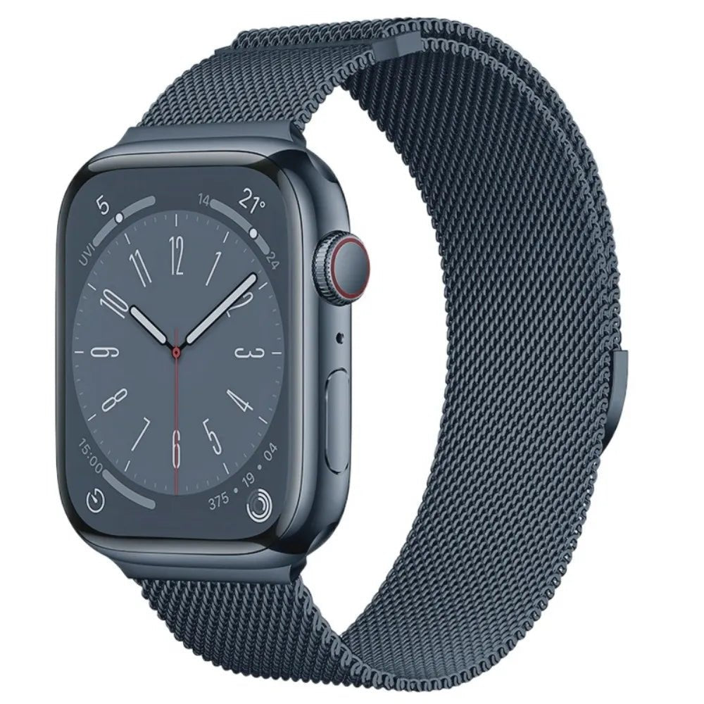 Blue Milanese steel loop strap for Apple Watch, featuring a sleek and modern design for a bold and stylish statement.