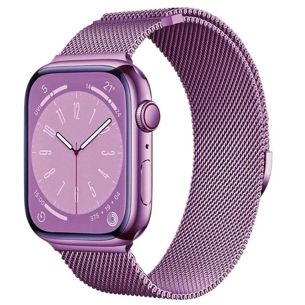 Purple Milanese steel loop strap for Apple Watch, offering a vibrant and unique color option for smartwatch customization.