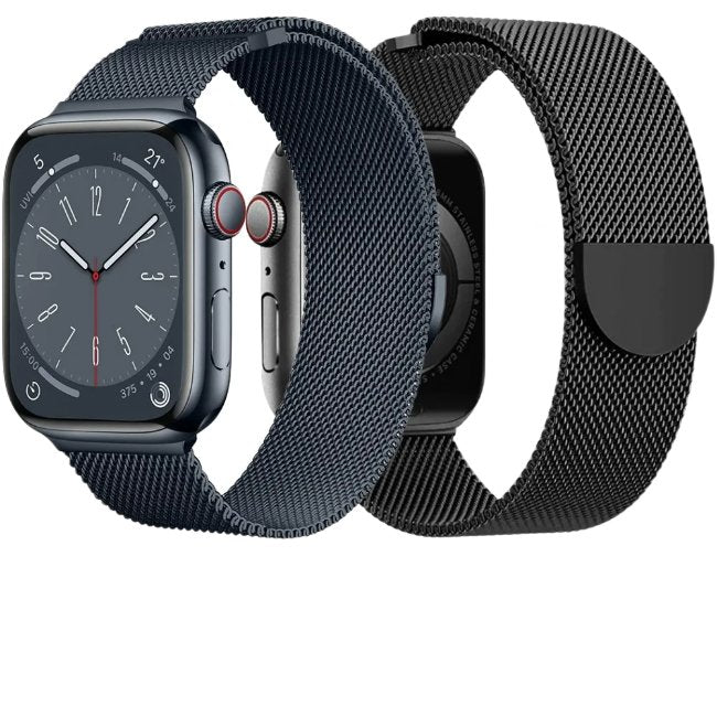 Black premium Milanese steel loop strap for Apple Watch, compatible with various sizes, featuring a sleek and modern design.