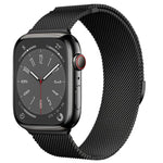 Black Milanese loop strap for Apple Watch, featuring a smooth stainless steel finish and magnetic closure for a secure fit.