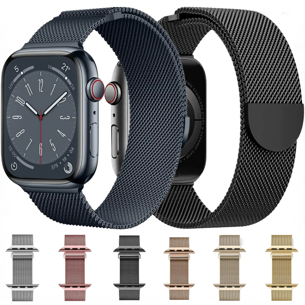 Premium Milanese loop straps for Apple Watch in multiple colors, including black, silver, gold, and rose gold, for versatile styling.