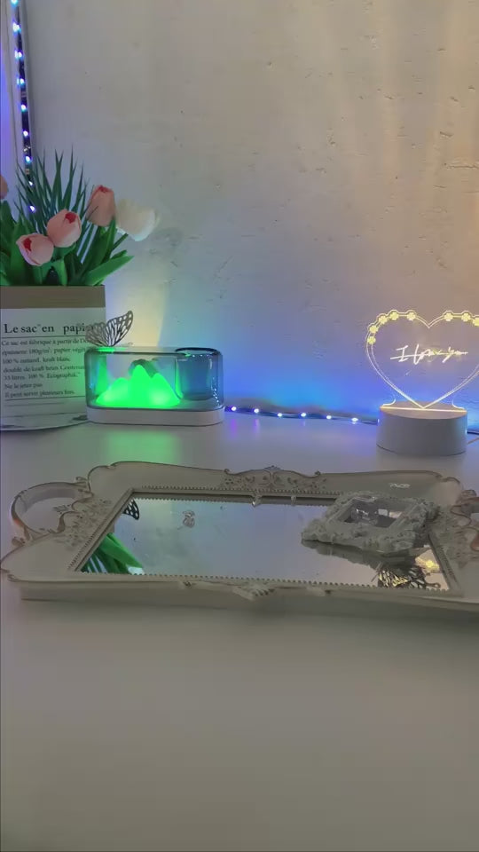 Demo of Elegant 2-in-1 crystal lamp with Bluetooth speaker and touch night light, featuring ambient lighting and modern decor on a mirrored tray.