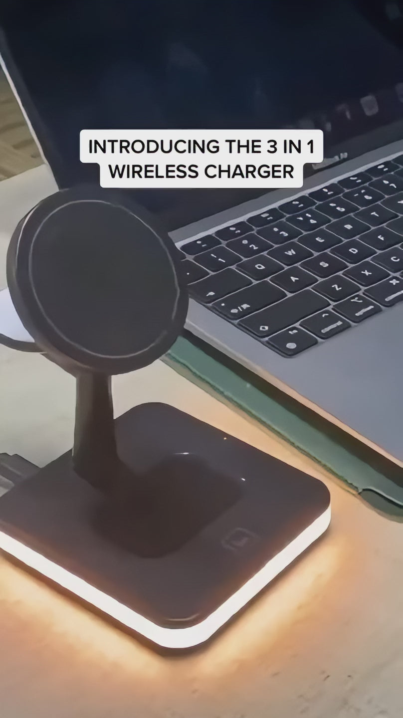 3-in-1 wireless charger with LED lighting, shown charging devices next to a laptop. Compact design for efficient workspace use.