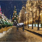 French bulldog wearing a silver FurryFashion Sports Jacket Harness in a festive winter cityscape with Christmas lights.