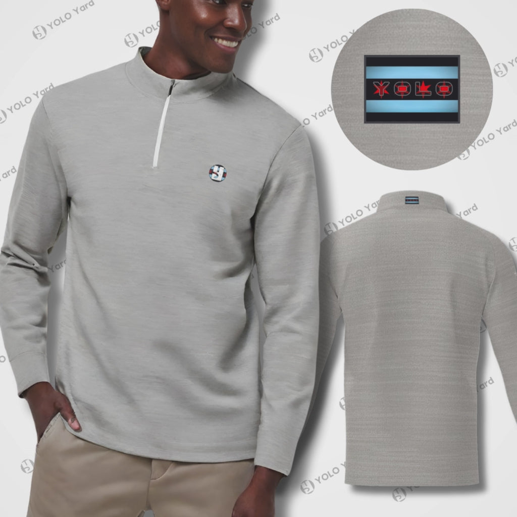 Eco-Fit Quarter-Zip Jersey Pullover in light gray with UPF 50+ protection, featuring YOLO Golf logo and quick-dry fabric for activewear.