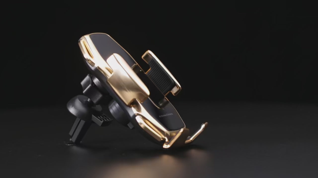 Gold wireless fast charge car phone holder with adjustable clip and durable design for secure mounting in vehicles.