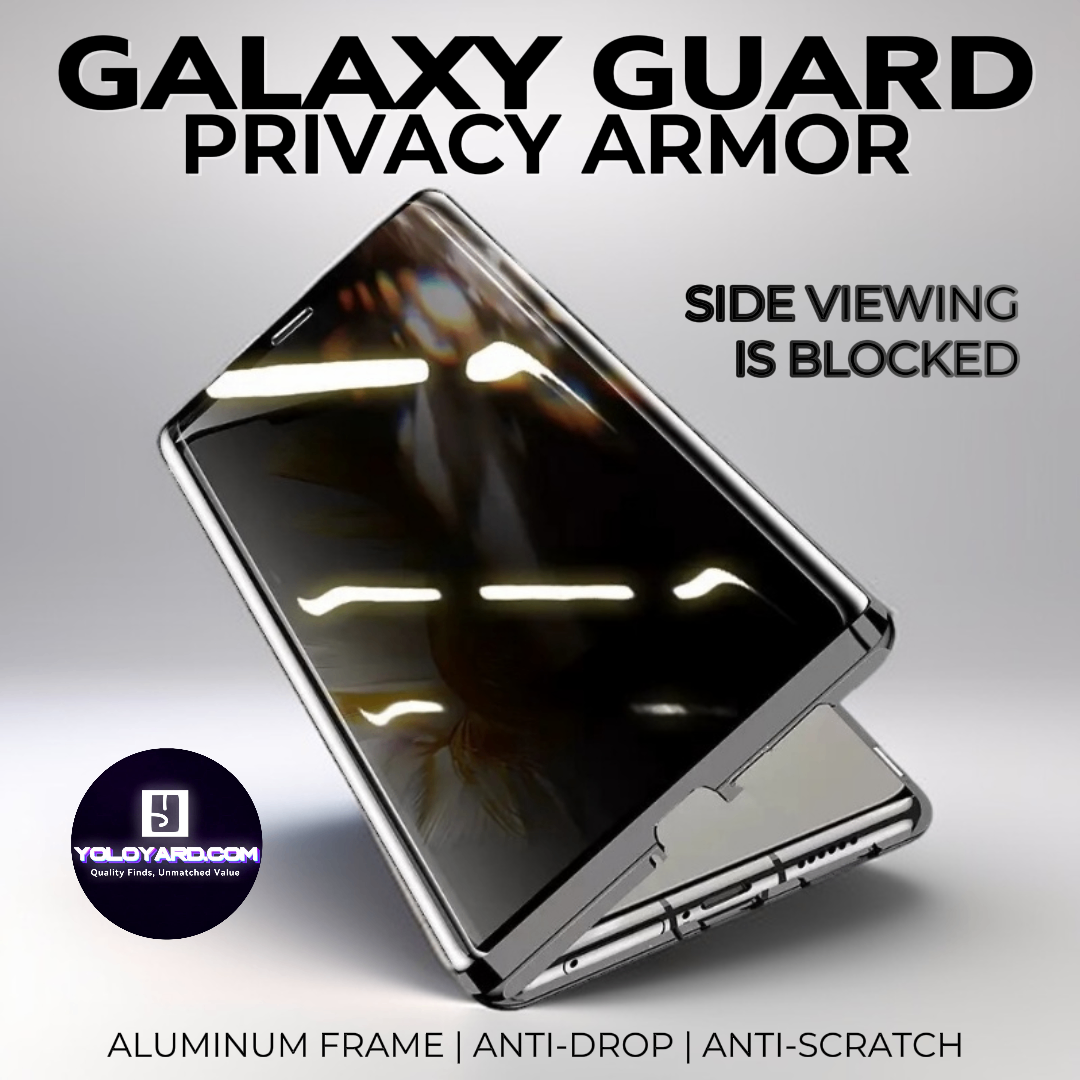 Galaxy Guard Privacy Armor phone case with aluminum frame, anti-drop, and anti-scratch features for Samsung Galaxy S24 Ultra.