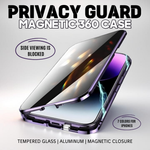 Privacy Guard Magnetic 360 iPhone case with tempered glass, aluminum frame, and magnetic closure. Blocks side viewing for privacy.