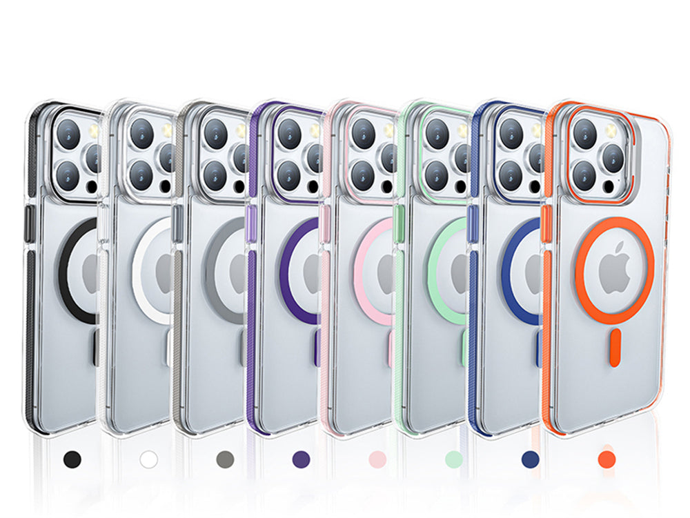 Collection of GripClear Elite MagSafe iPhone 16 cases in multiple colors, featuring shockproof corner airbags and lens stand.