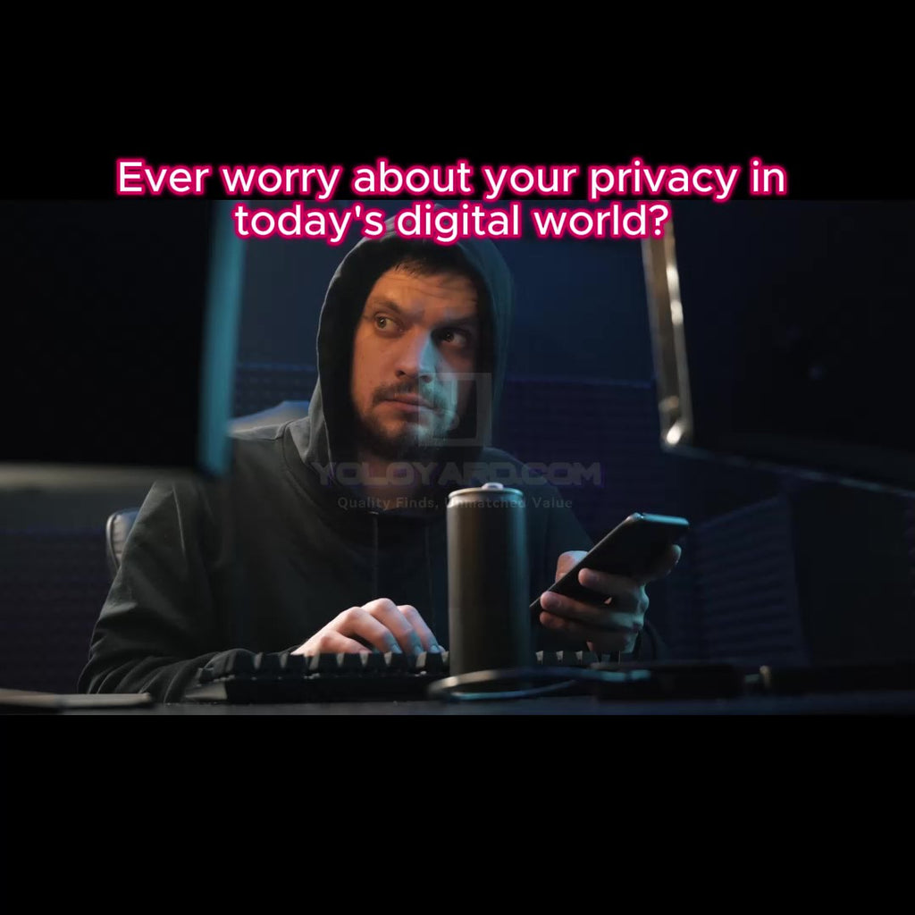 Man in a hoodie holding a phone, highlighting privacy concerns in the digital world with text overlay.