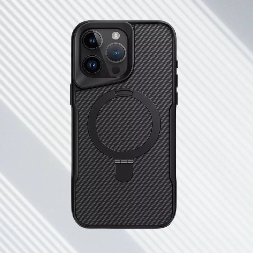 SecureGrip Carbon 360 iPhone case in black with carbon fiber texture, MagSafe ring, and slim protective design on a striped background.