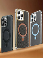 Three MagSafe iPhone cases with carbon fiber texture in black, brown, and blue accents, showcasing premium leather and aluminum frames.