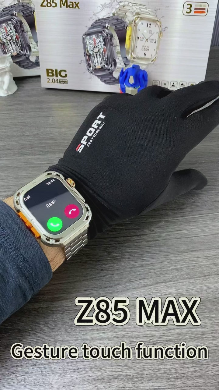 Z85 Max Smart Watch with gesture touch function, shown in packaging with bold branding and a focus on its 2.04-inch display.