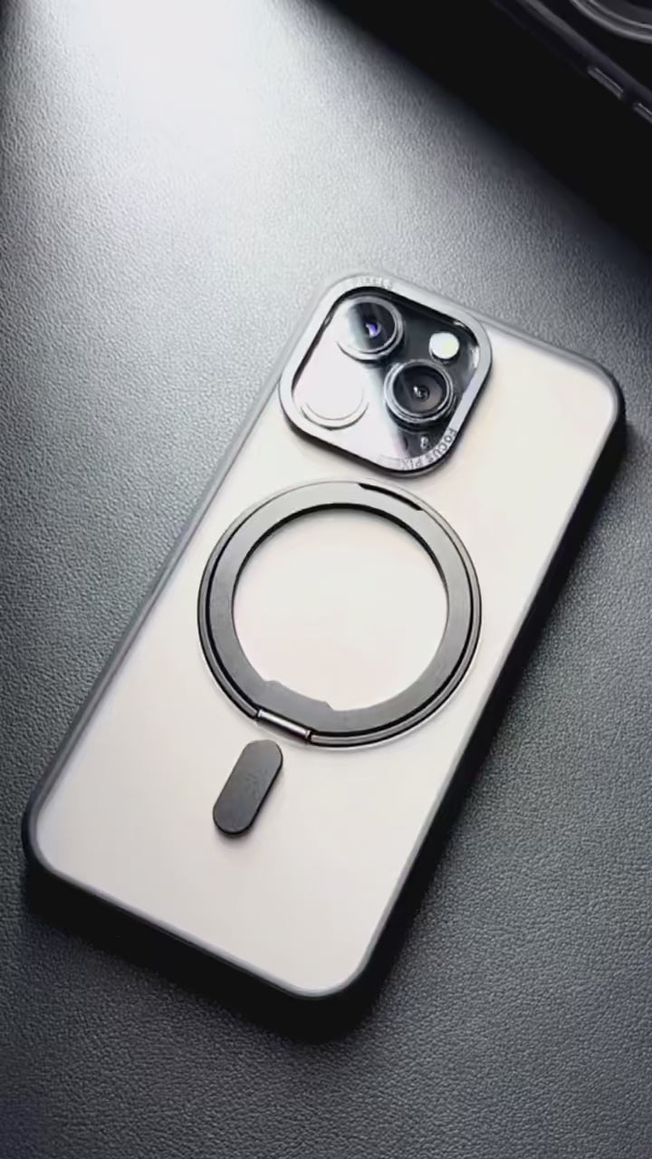 Close-up of LuxeMag 360° Rotating Stand MagSafe iPhone Case in matte black, showcasing its magnetic ring and sleek finish. Shop best Otterbox or Spigen alternatives at YOLO Yard.