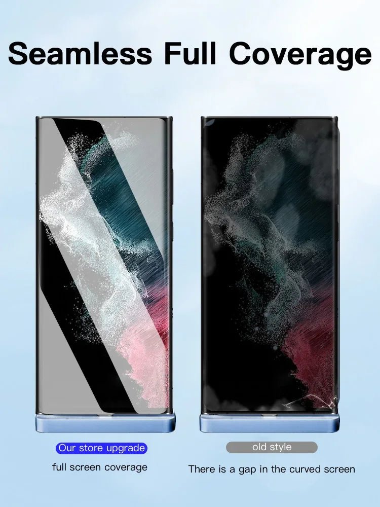 Seamless full coverage privacy screen protector for Samsung Galaxy with upgraded design for curved screens.