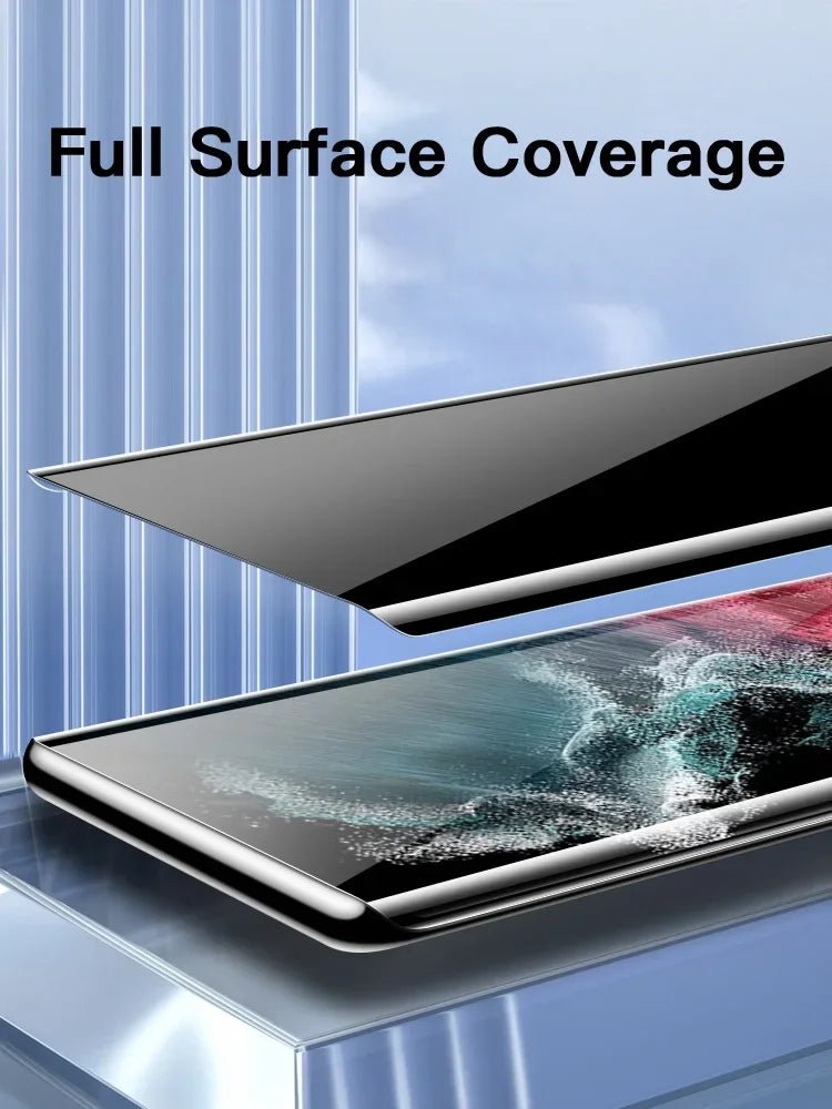 Full surface coverage ceramic screen protector for Samsung Galaxy with edge-to-edge protection and privacy features.