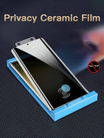 Privacy ceramic film for Samsung Galaxy with anti-peep technology, fingerprint compatibility, and installation tool included.