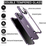 Double tempered glass Privacy Guard iPhone case with anti-peep, scratch resistance, and metal frame. Includes lens protector and patent lock.