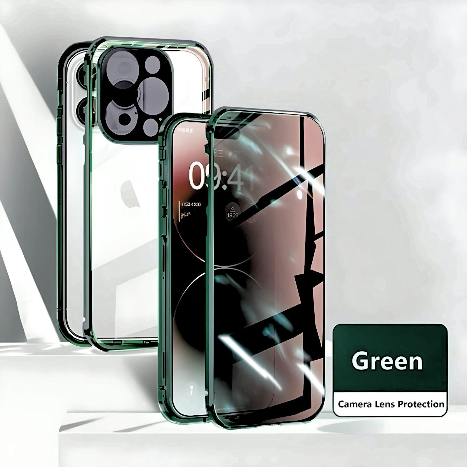 Green Privacy Guard iPhone case with tempered glass and aluminum frame. Includes camera lens protection and anti-peep technology.