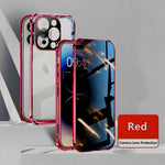 Red Privacy Guard iPhone case with tempered glass and aluminum frame. Features camera lens protection and anti-peep technology.