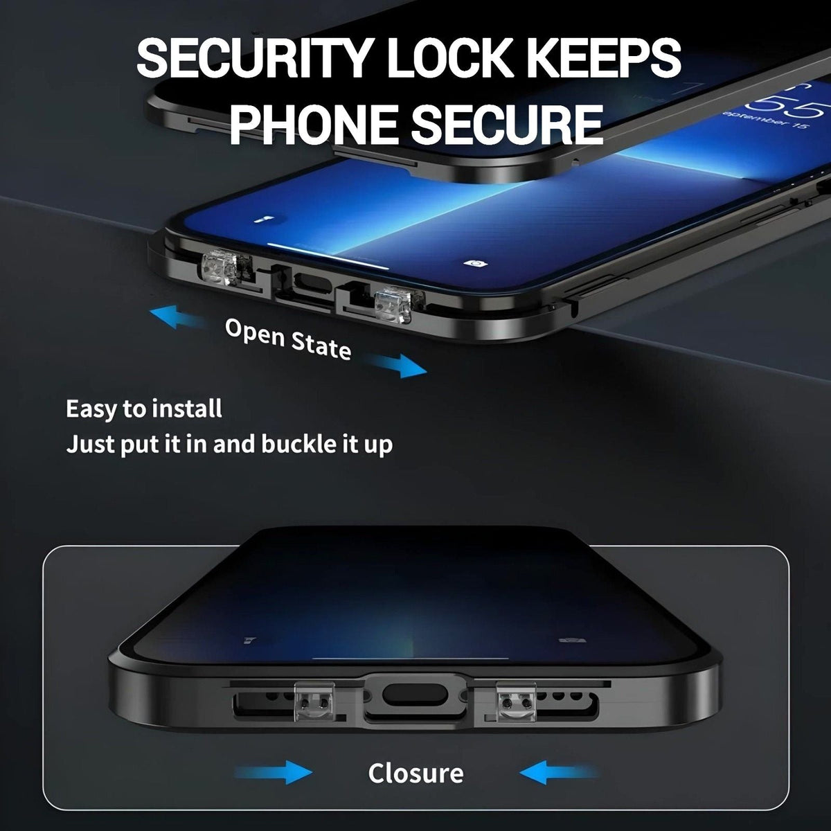 Privacy Guard iPhone case with secure locking mechanism for easy installation and enhanced phone security. Magnetic closure included.