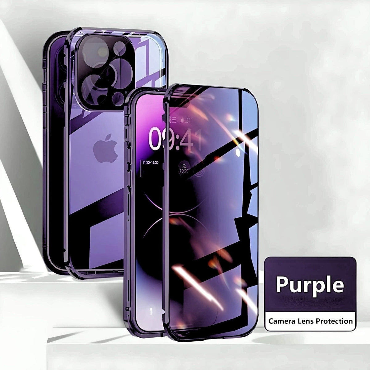 Purple Privacy Guard iPhone case with tempered glass and aluminum frame. Includes camera lens protection and anti-peep technology.