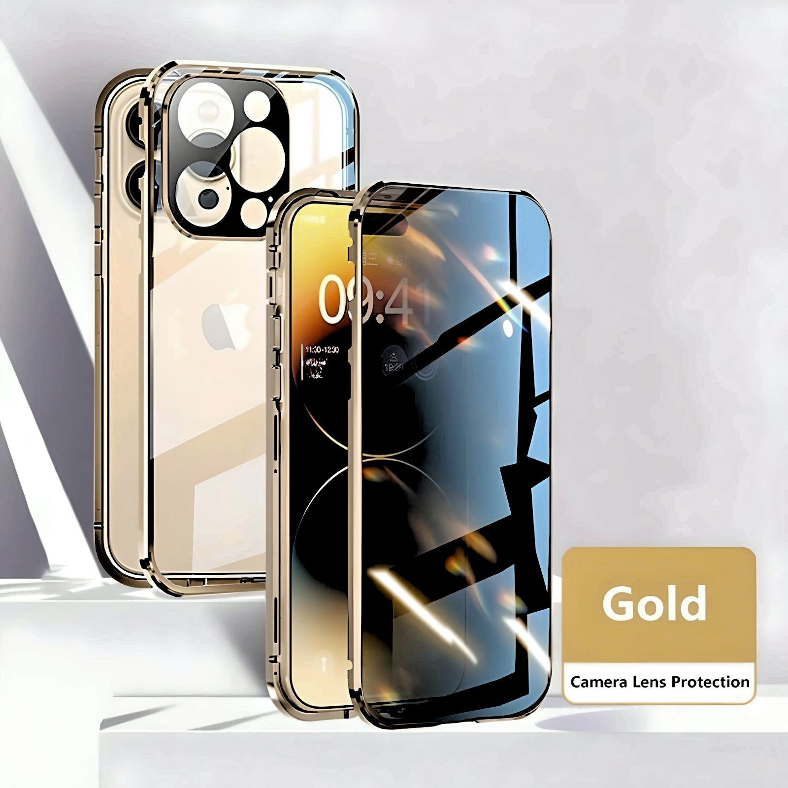 Gold Privacy Guard iPhone case with tempered glass and aluminum frame. Includes camera lens protection and anti-peep technology.