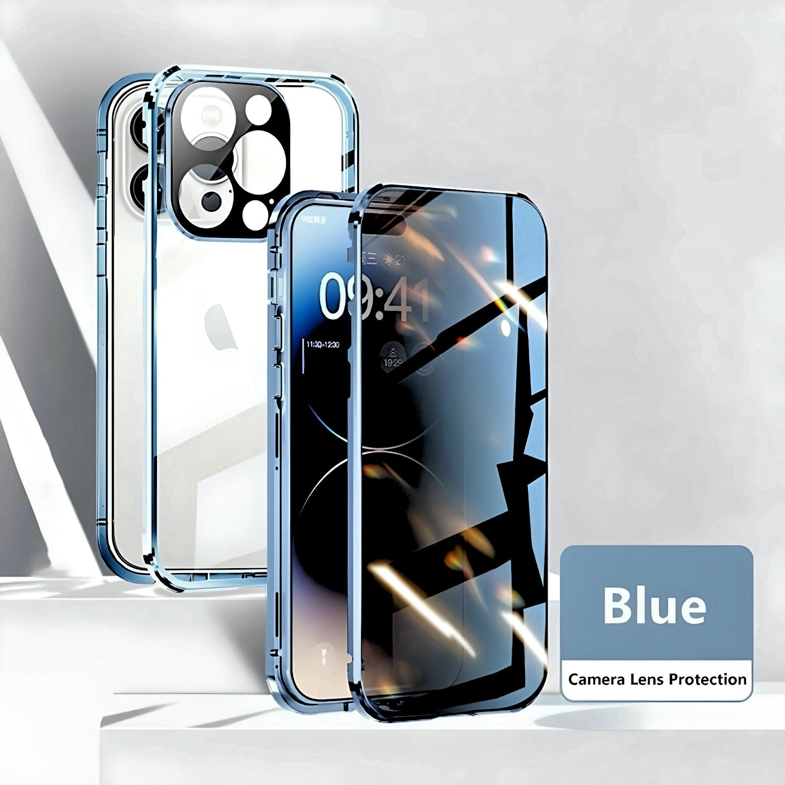 Blue Privacy Guard iPhone case with tempered glass and aluminum frame. Features camera lens protection and anti-peep technology.