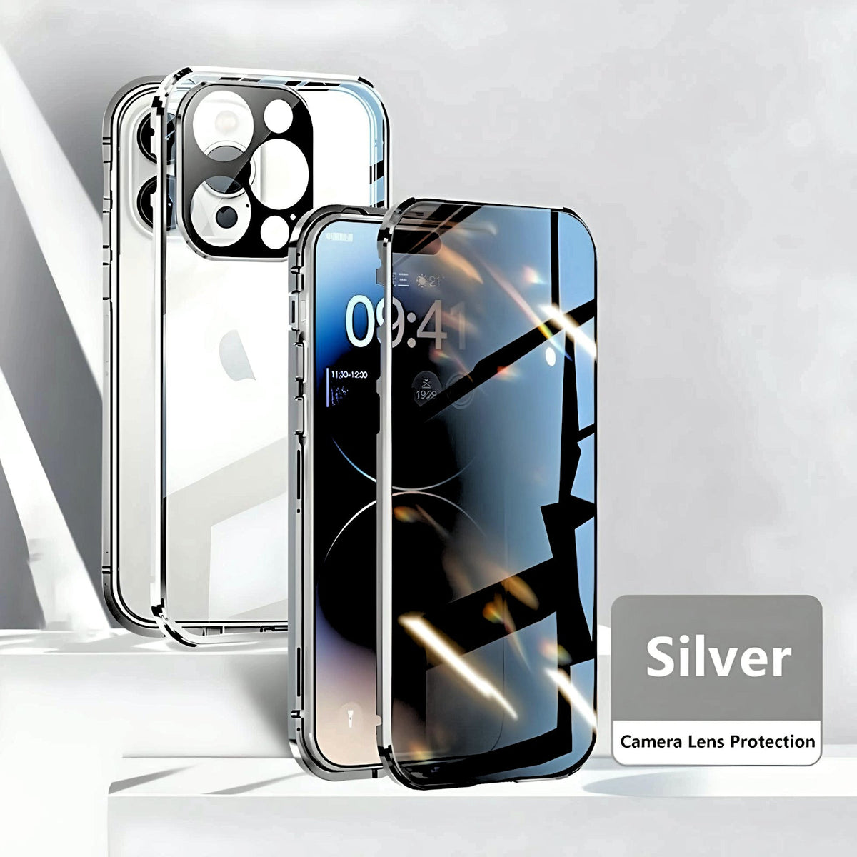 Silver Privacy Guard iPhone case with tempered glass and aluminum frame. Features camera lens protection and anti-peep technology.