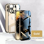 Gold Privacy Guard 360 iPhone case with camera lens protection, anti-peep tempered glass, and aluminum frame.