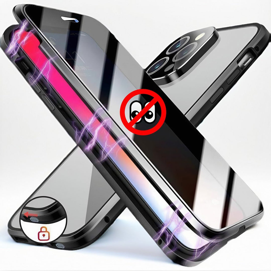 Privacy Guard 360 iPhone case with anti-spy tempered glass, magnetic closure, and aluminum frame for iPhone 15 Pro Max.