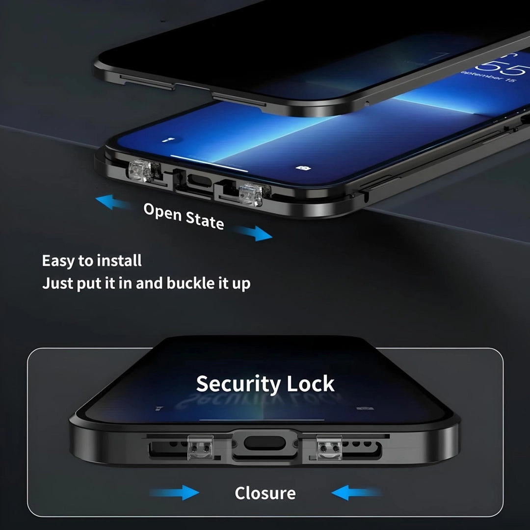 Security lock mechanism of the Privacy Guard 360 iPhone case, ensuring a secure closure and easy installation.