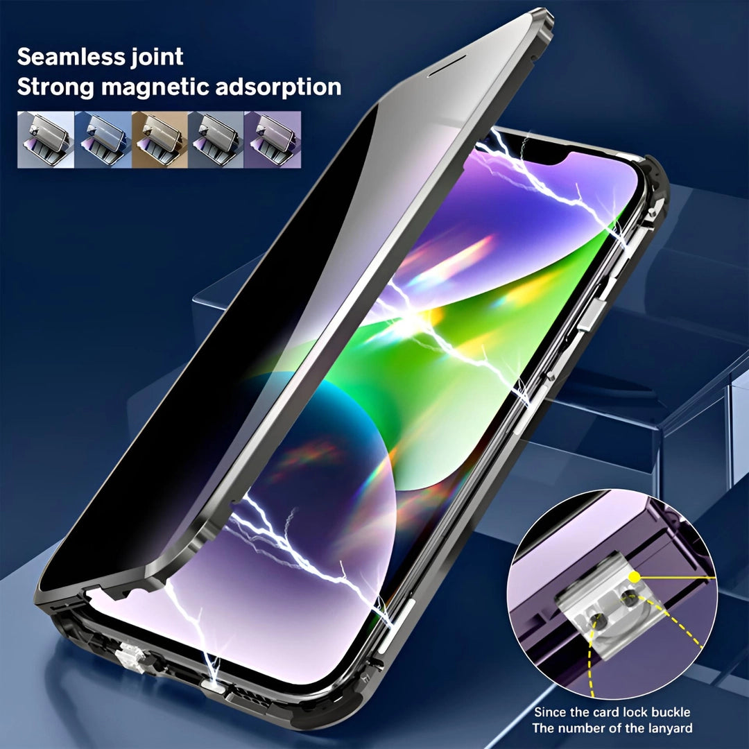 Seamless magnetic adsorption of the Privacy Guard 360 iPhone case with a secure card lock buckle for easy installation.