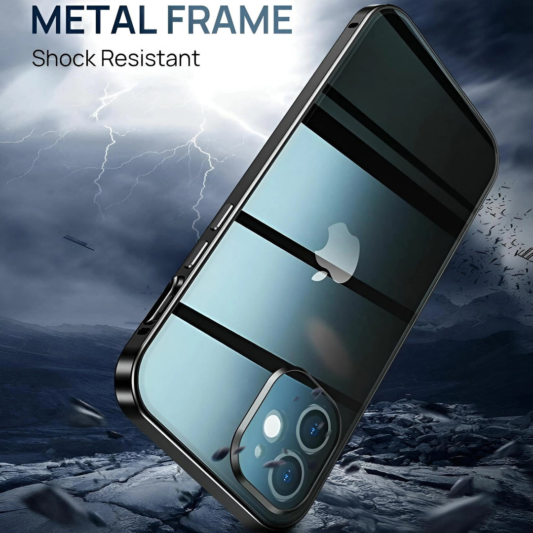 Shock-resistant metal frame of the Privacy Guard 360 iPhone case, designed for durability and premium protection.