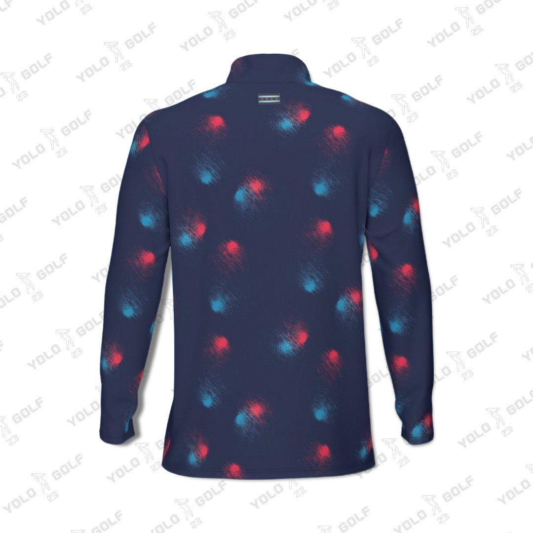 Back view of The Pulse Q-Zip Sportswear Collar Long Sleeve shirt in navy with abstract red and blue pattern and 