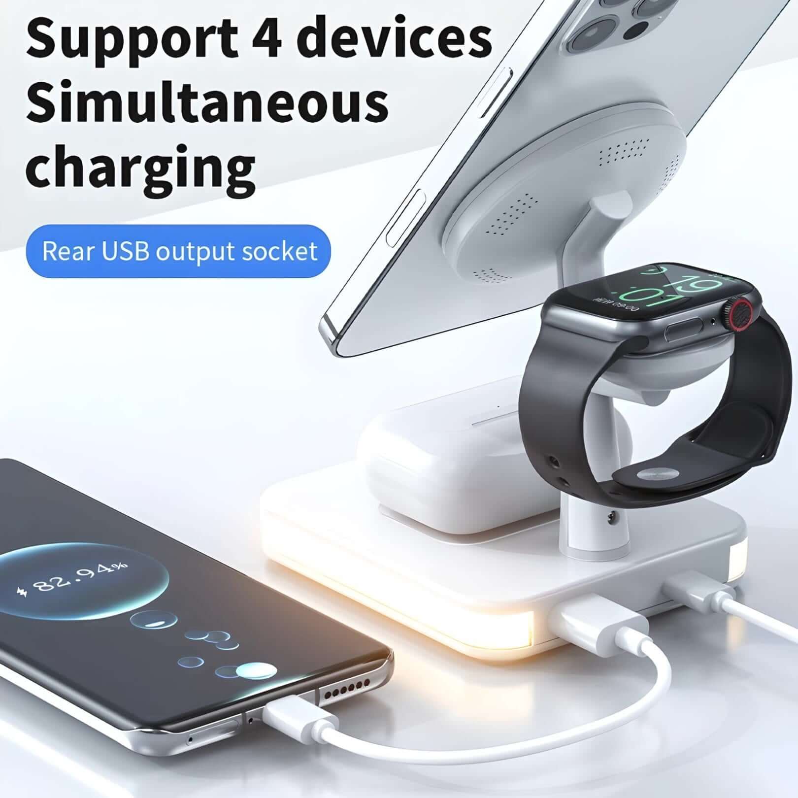 QuadraCharge LED Dock charging phone, smartwatch, and earbuds simultaneously. Rear USB output for additional device charging.