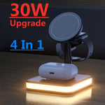 QuadraCharge 4-in-1 LED Dock with 30W fast charging. Magnetic stand for phone, smartwatch, and earbuds with warm LED light base.