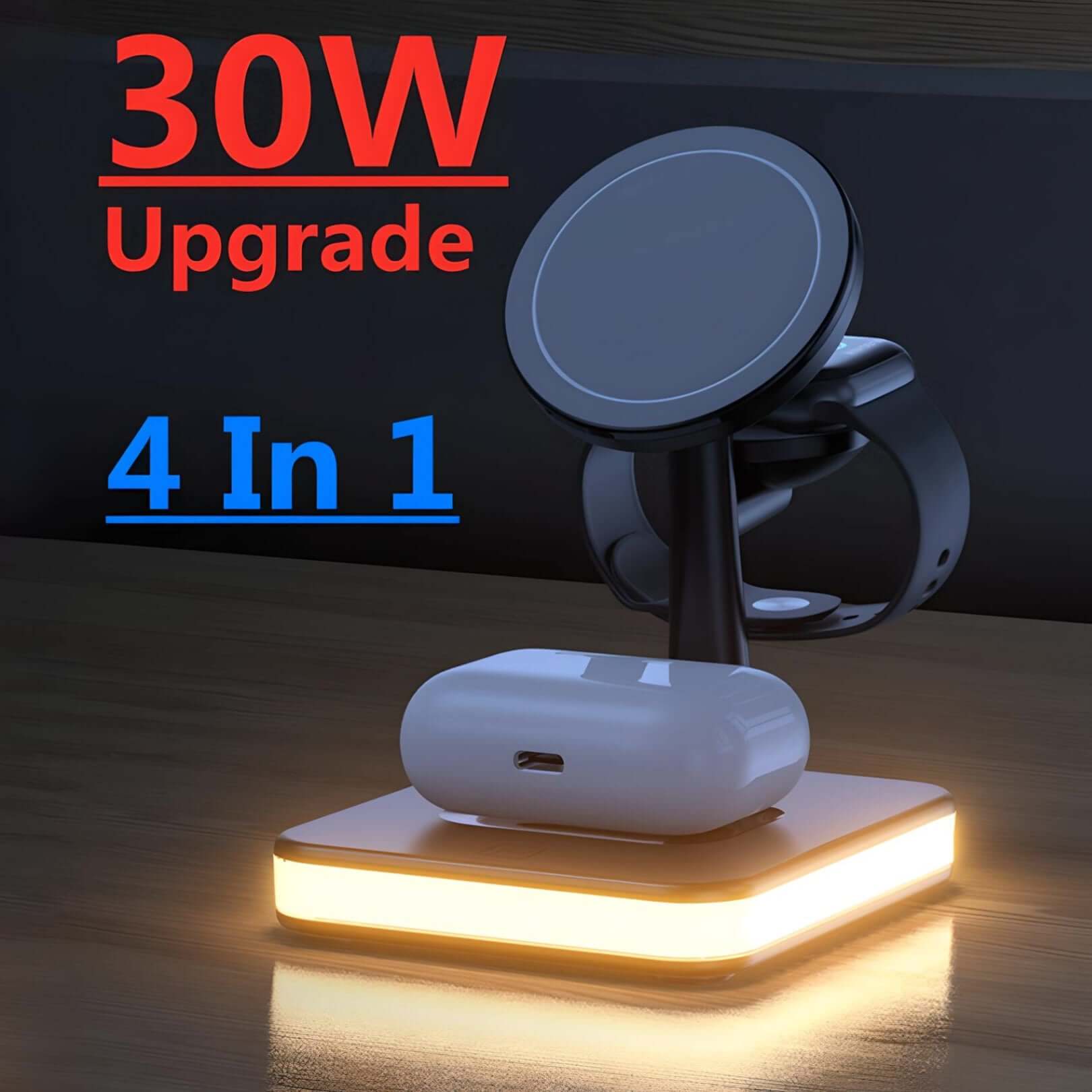 QuadraCharge 4-in-1 LED Dock with 30W fast charging. Magnetic stand for phone, smartwatch, and earbuds with warm LED light base.